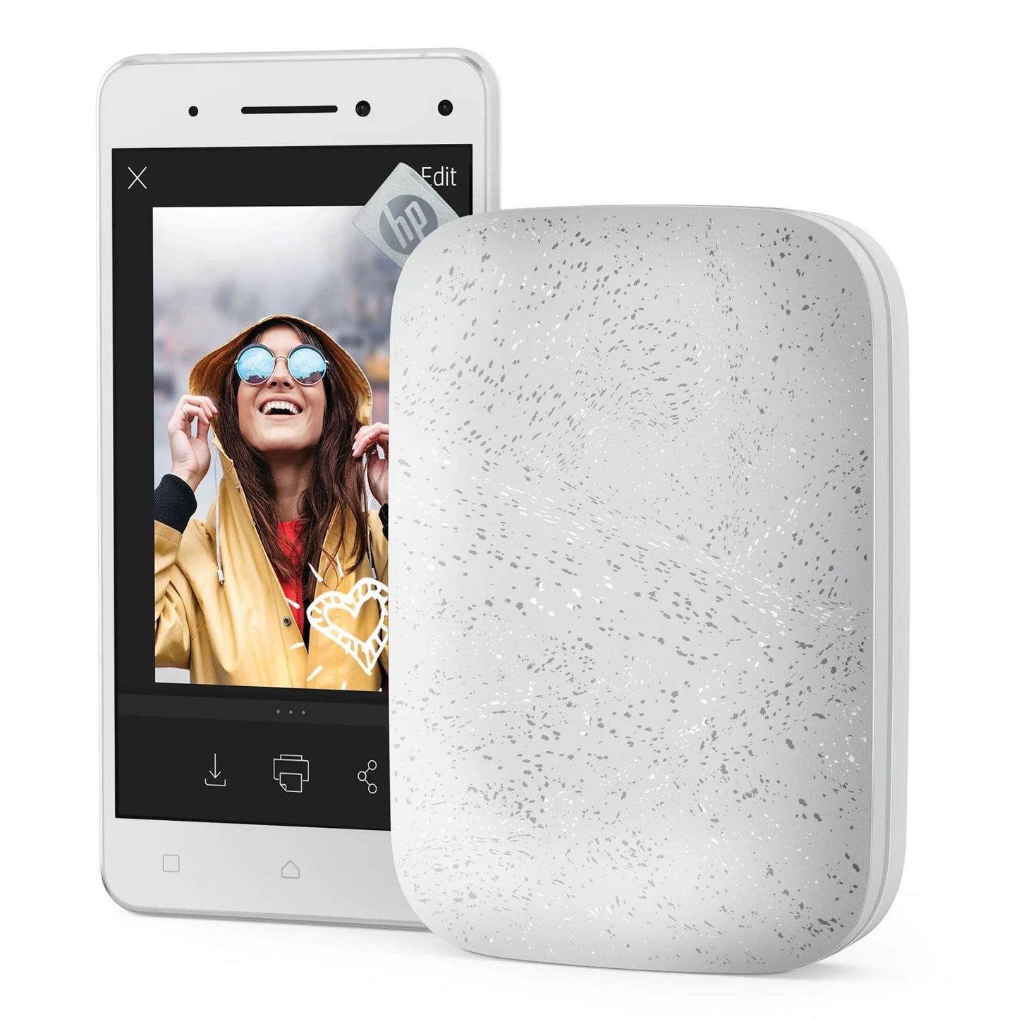 HP Sprocket Luna Hvid trådløs fotoprinter, hvid, ved siden af smartphone med billede, klar til Zink fotopapir.