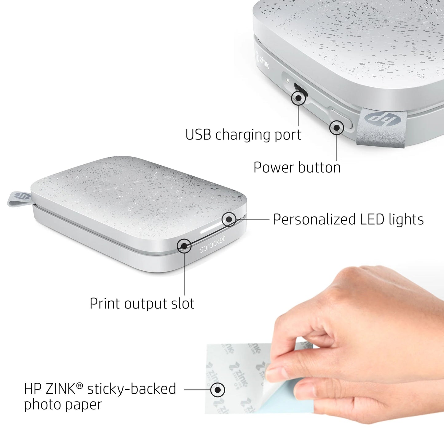 HP Sprocket Luna Hvid trådløs fotoskriver med USB-port, power-knap, LED-lys og printslot, Zink fotopapir fjernes.