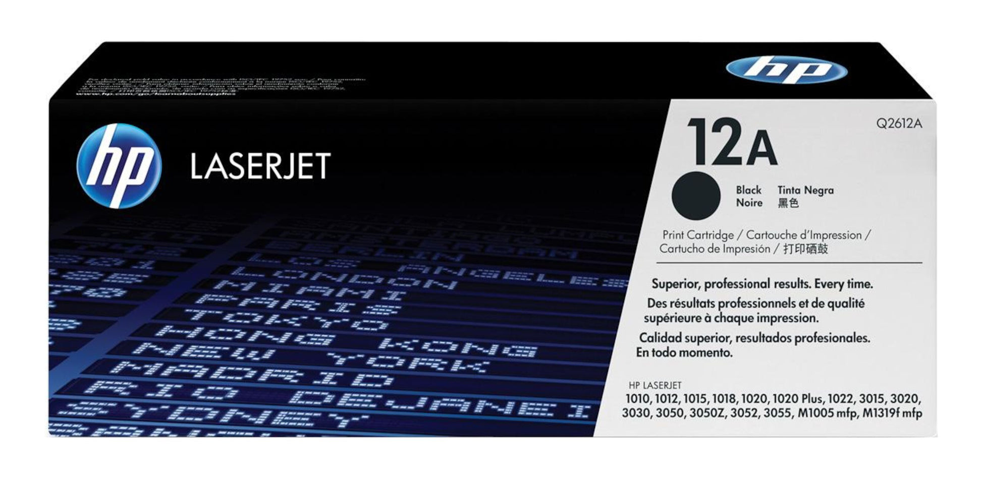 Canon Toner 12A Sort, sort-hvid æske med blåt, Canon-logo, kompatible printermodeller og flersproget tekst.