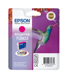 Epson T0803 blækpatron magenta i emballage med kolibri og lilla blomster, info om kompatible Epson-printere på forsiden.