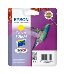 Epson T0804 gul blækpatron emballage med kolibri-motiv, lilla baggrund, Epson-logo, modelnavn og kompatibilitet.
