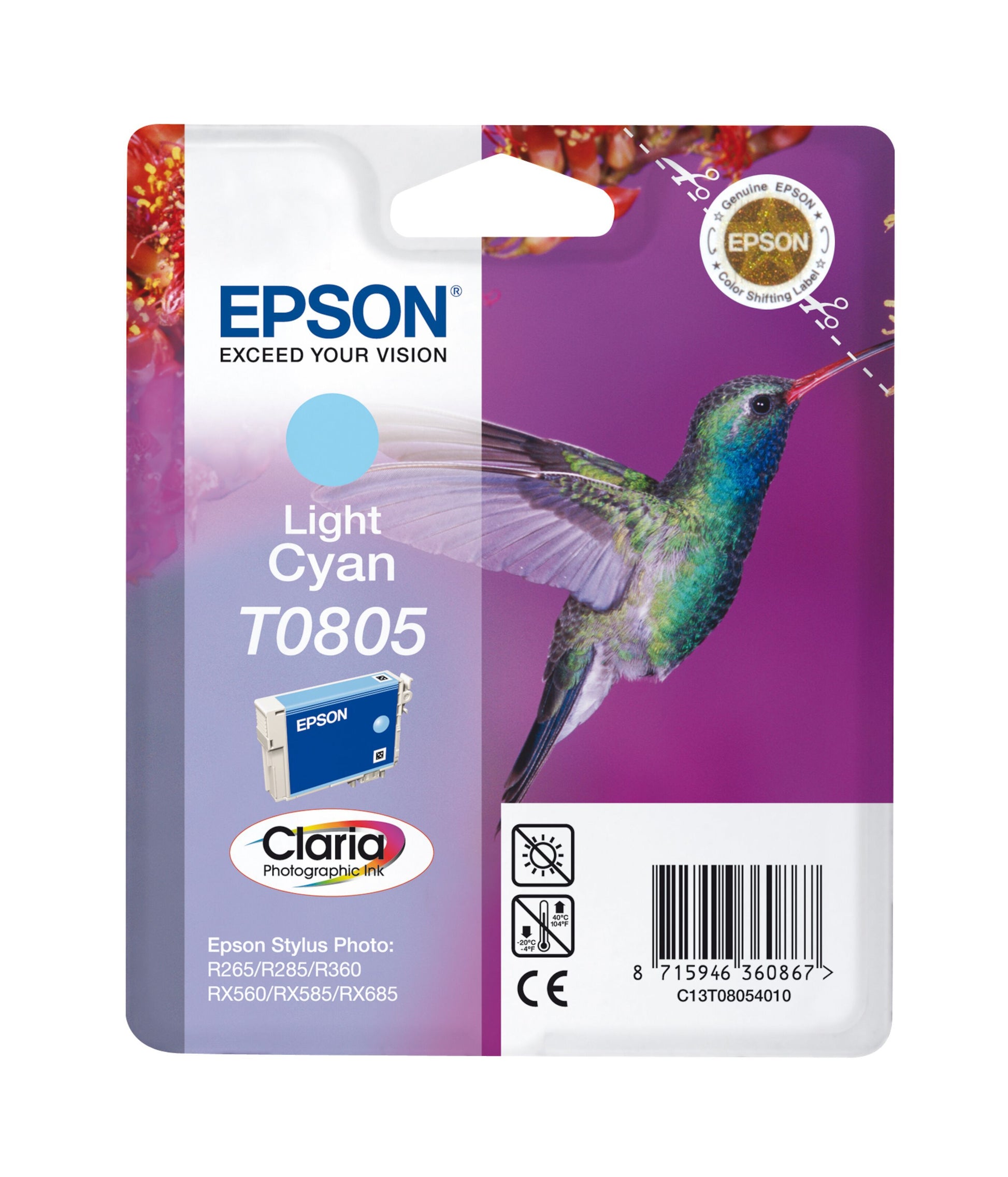 Epson T0805 blækpatron lyse cyan i emballage med kolibri, røde blomster, Epson-logo, produktinfo og stregkode.