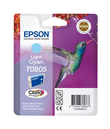 Epson T0805 blækpatron lyse cyan i emballage med kolibri, røde blomster, Epson-logo, produktinfo og stregkode.