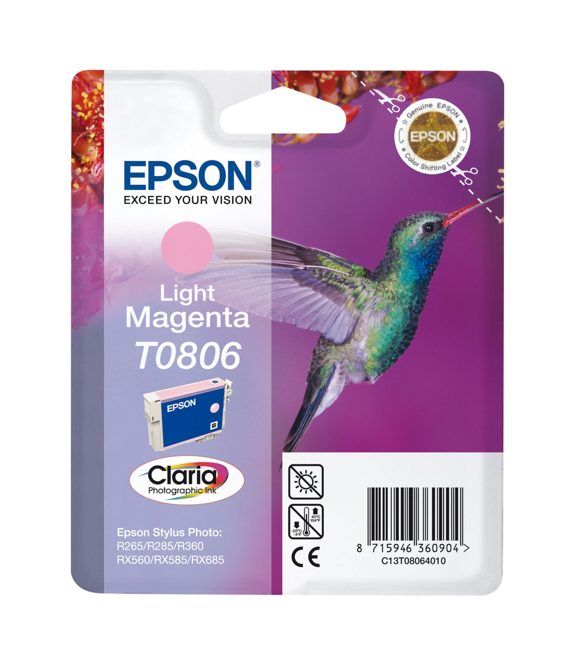 Epson T0806 blækpatron lyserød magenta, til Stylus Photo R265, R285, R360, RX560, RX585, RX685.