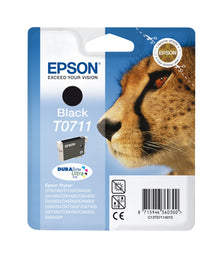 Epson T0711 sort blækpatron i emballage med nærbillede af gepards ansigt, blå baggrund, produktinfo og stregkode nederst.
