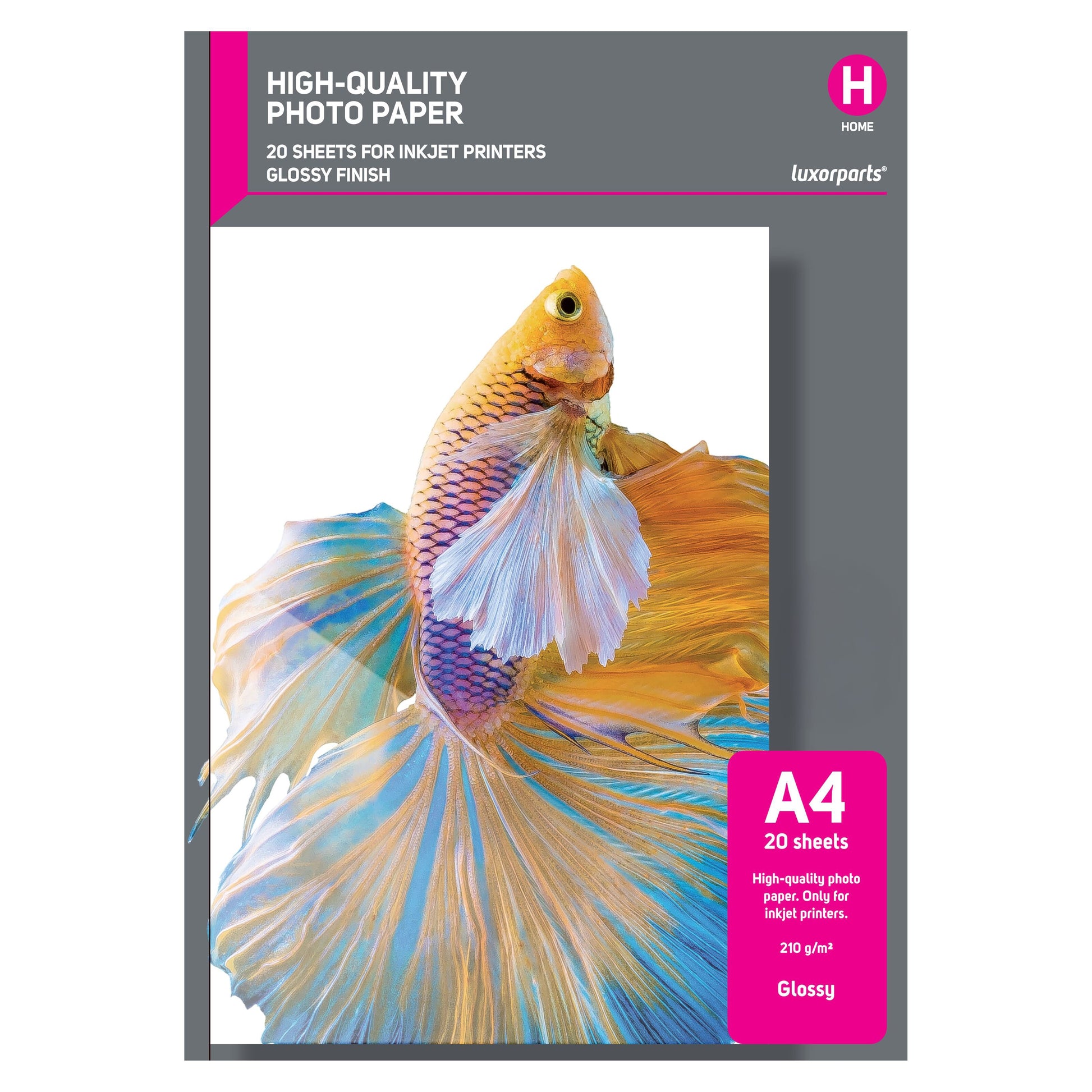 Blankt inkjet fotopapir A4 20 ark, 210 g/m², motiv med farverig kampfisk og pink label på forsiden.