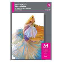Blankt inkjet fotopapir A4 20 ark, 210 g/m², motiv med farverig kampfisk og pink label på forsiden.
