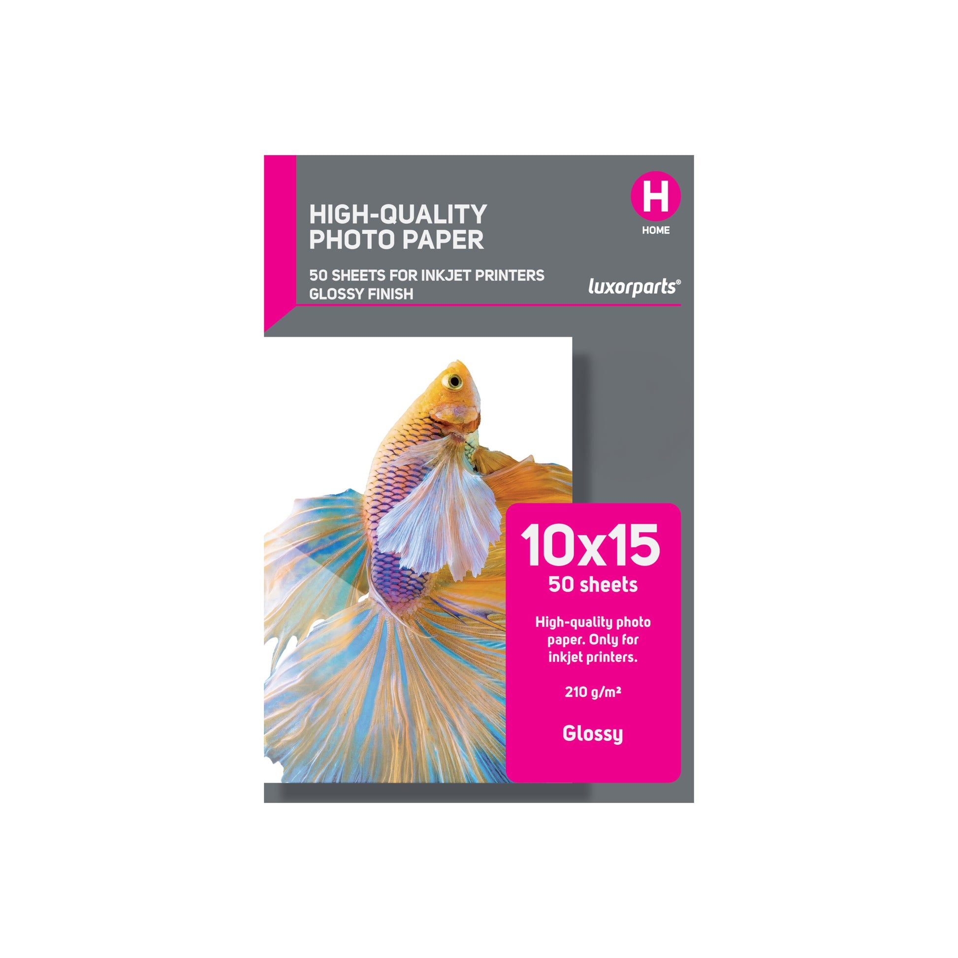 Blankt fotopapir 10x15 cm 50-pak, blank finish 210 g/m² til blækstråleprinter i grå og pink emballage med betta fisk.