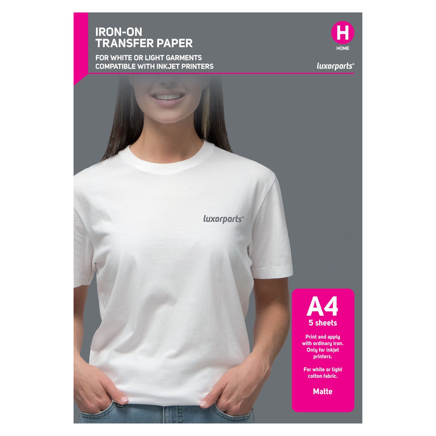 Luxorparts Tekstiltransfer A4 5-pak til lyse tekstiler, inkjet, mat, forside med kvinde i hvid T-shirt med Luxorparts-logo.