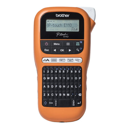 Brother P-touch PT-E110VP mærkemaskine med kompakt skærm, flere funktionsknapper og QWERTY-tastatur til kabelmærkning.