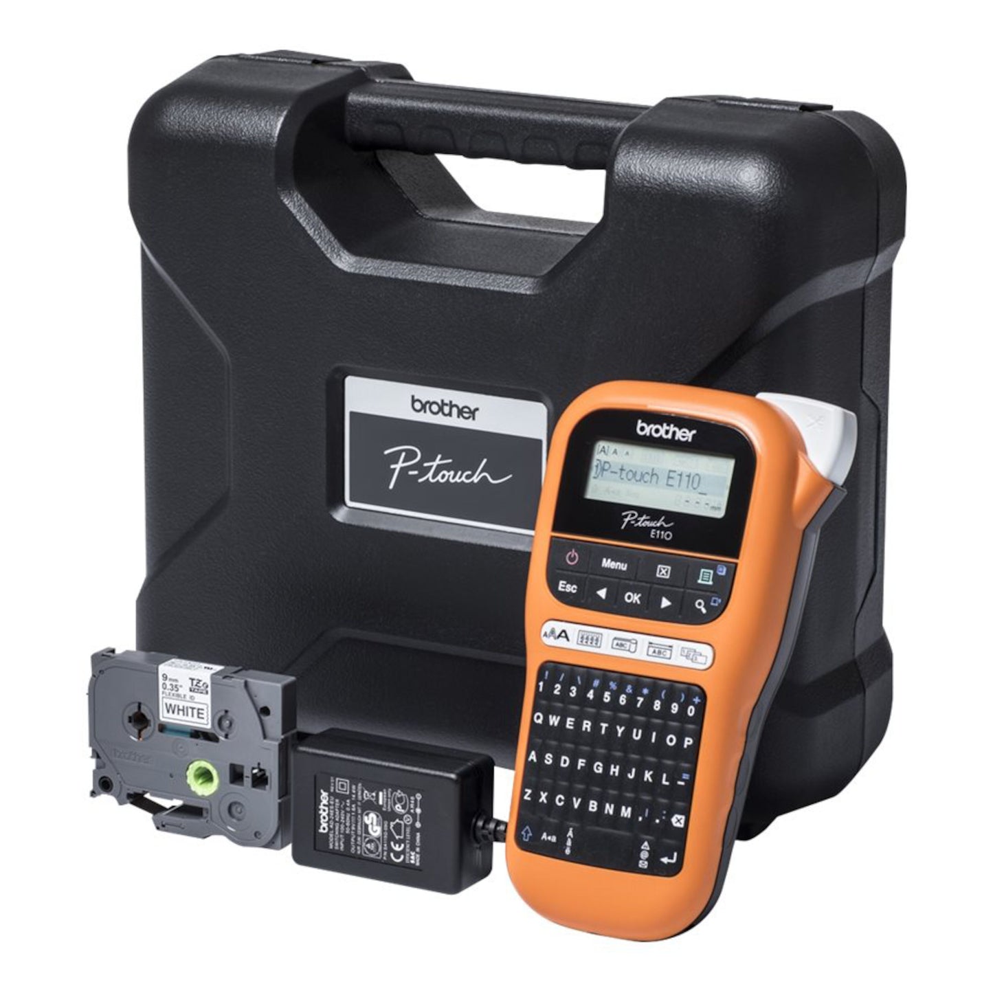 Brother P-touch PT-E110VP håndholdt labelmaskine med sort bæretaske, bånd og AC-adapter, egnet til kabelmærkning.