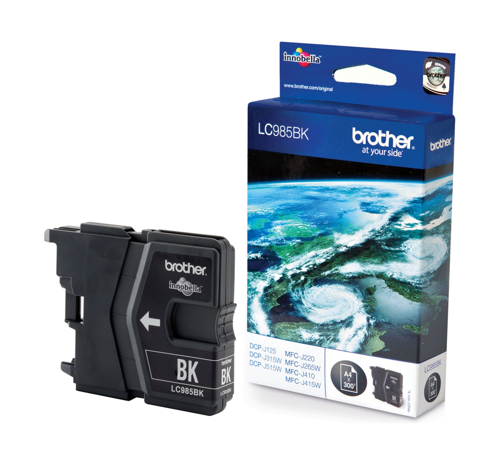 Brother LC985BK sort blækpatron ved emballage med billede af Jorden fra rummet og produktinformation.