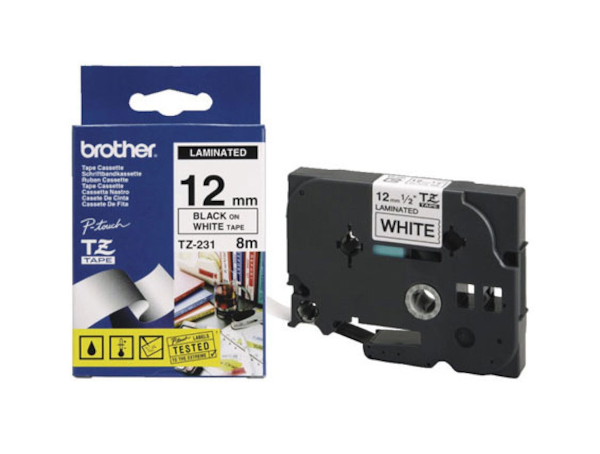 Brother TZe-tape 12mm x 8m sort på hvid, blå/hvid emballage ved kassette, til P-touch labelmaskiner.