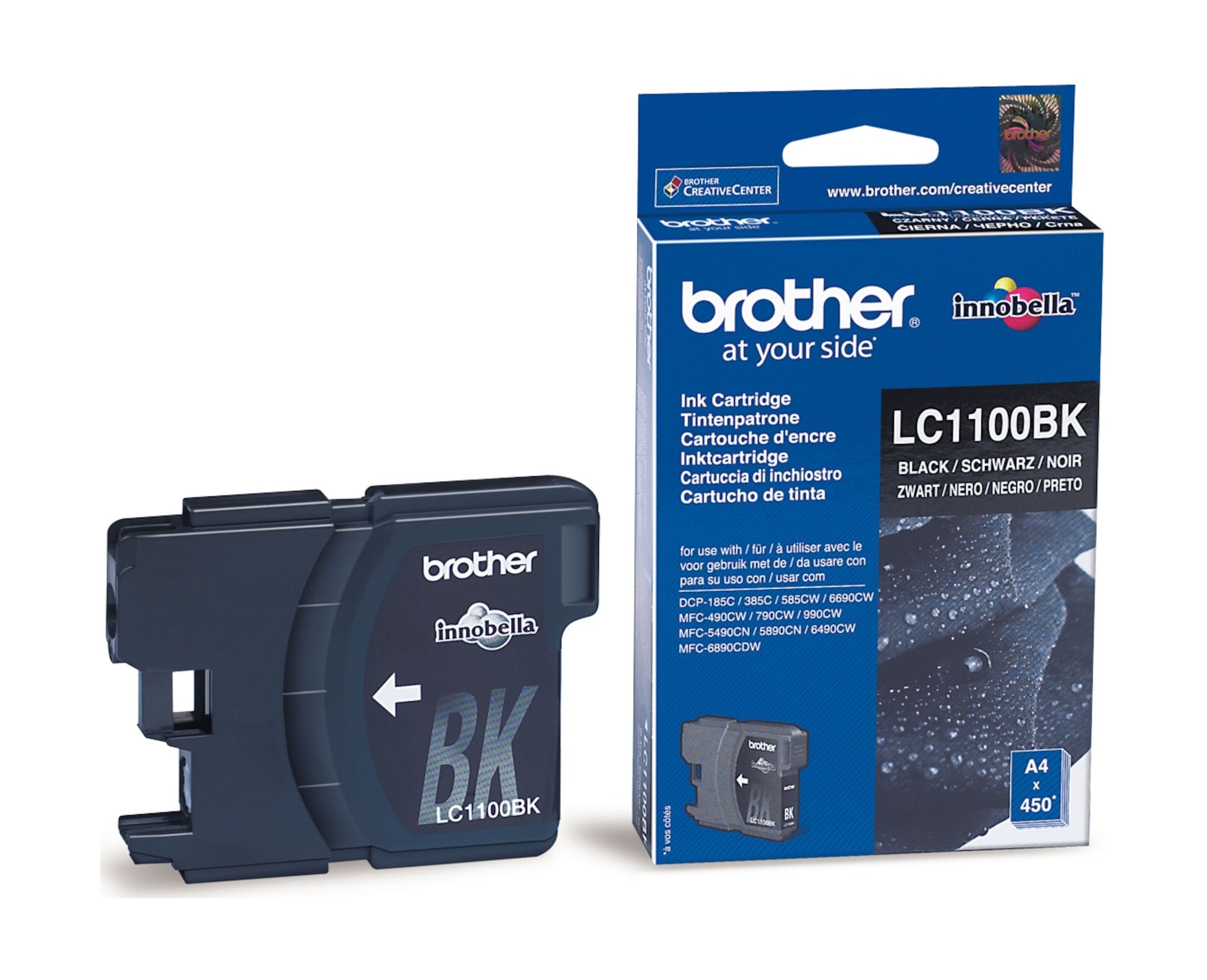 Brother LC1100BK sort blækpatron ved siden af blå-hvid æske med modelnavn og billede, til Brother inkjetprintere.