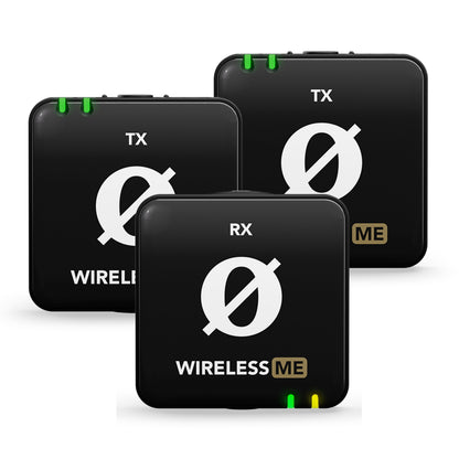 Røde Wireless ME trådløst mikrofonsæt, sort, 2 TX og 1 RX enhed med grøn LED og teksten WIRELESS ME.