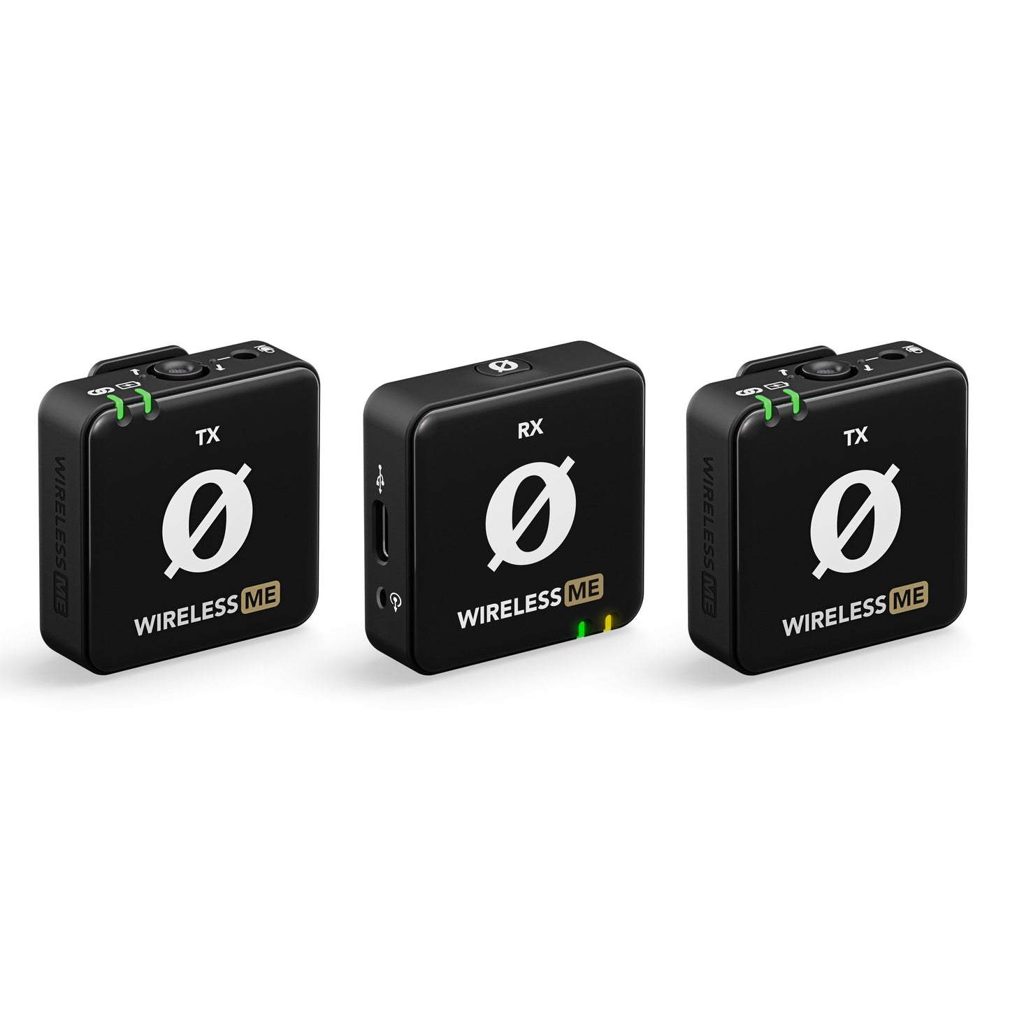 Røde Trådløs ME Dual trådløse mikrofoner i sort, TX og RX mærket, Ø-logo, vises fra flere vinkler.