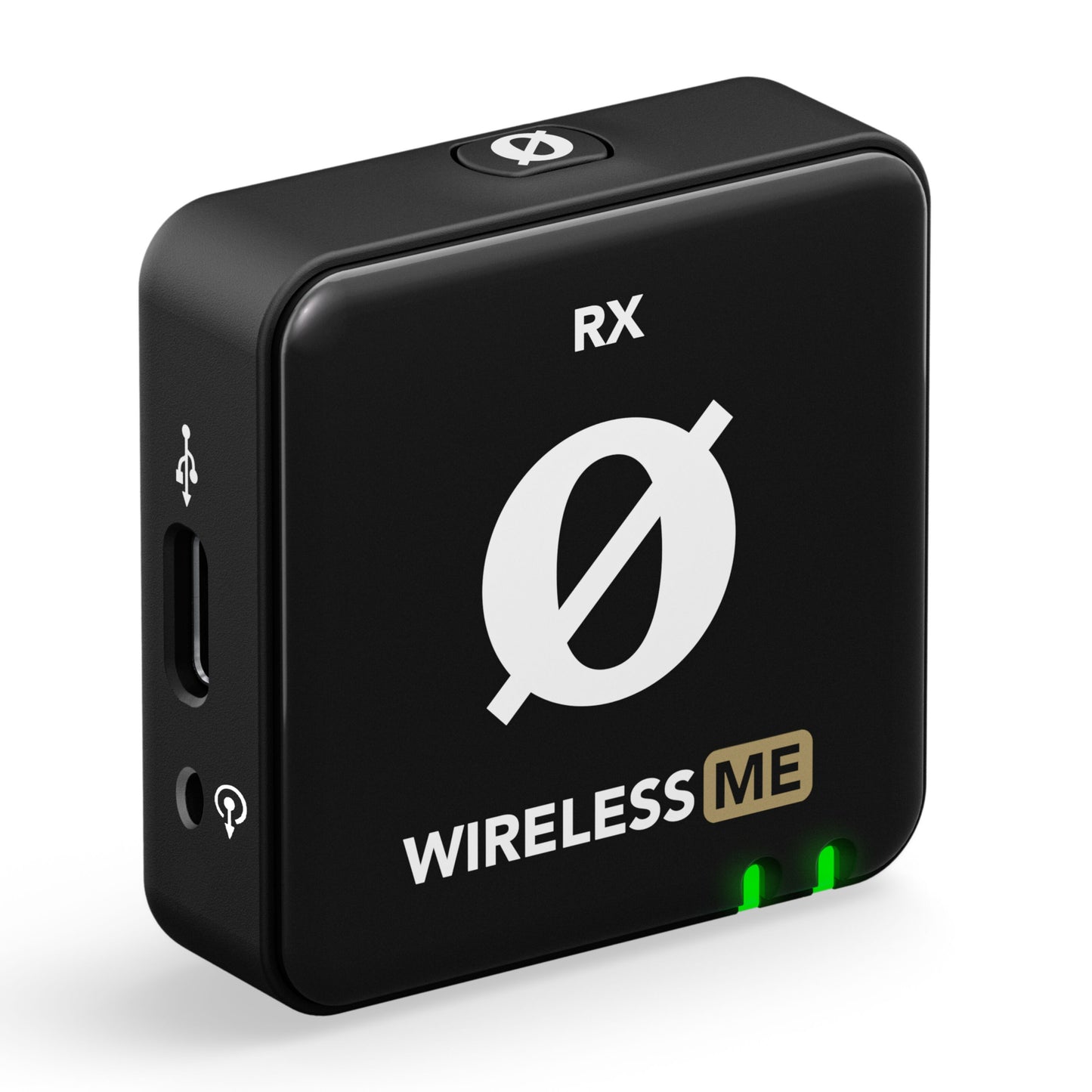 Røde Wireless ME Dual sort trådløs lydmodtager med RX og WIRELESS ME, hvid cirkellogo, USB-C, hovedtelefonstik, 2 grønne LED.