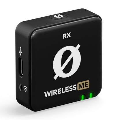 Røde Wireless ME Dual sort trådløs lydmodtager med RX og WIRELESS ME, hvid cirkellogo, USB-C, hovedtelefonstik, 2 grønne LED.