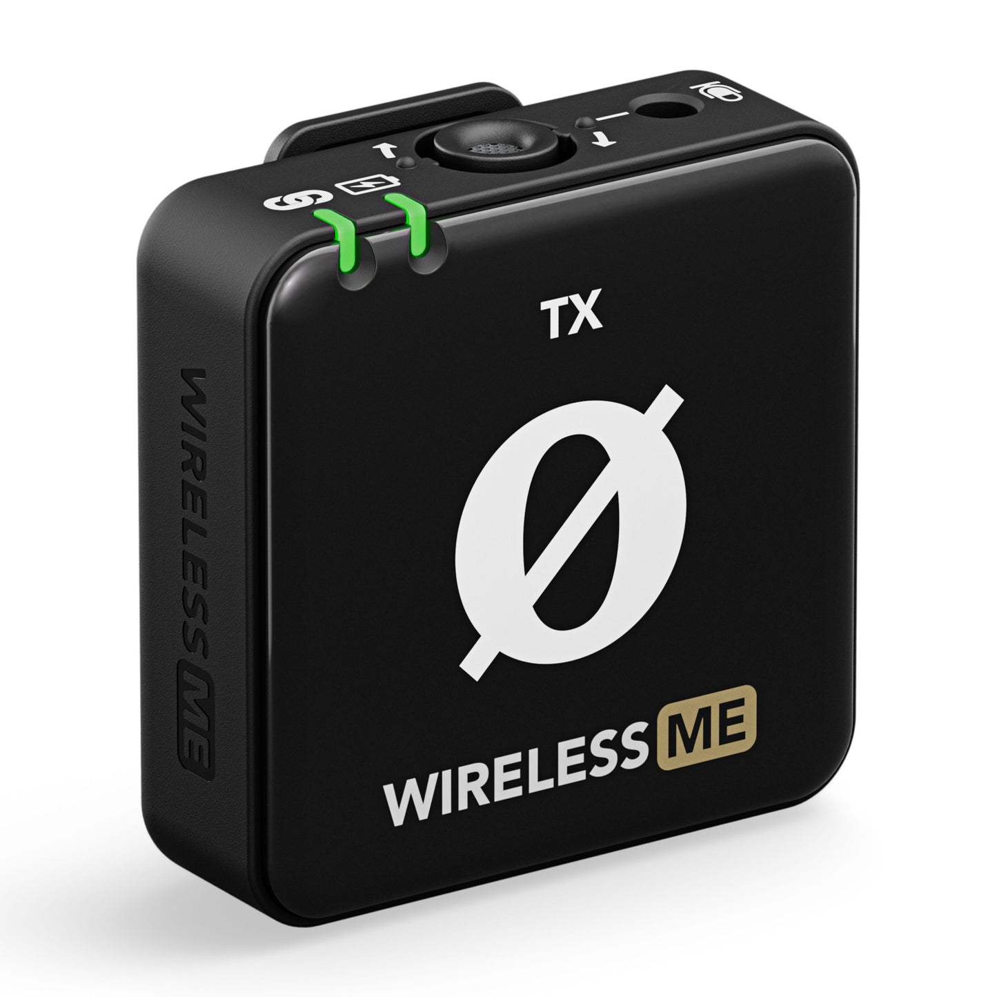 Røde Trådløs ME Dual sort trådløs mikrofon-sender med TX og WIRELESS ME mærker, kontrolikoner, centralt logo, til grønne clips.