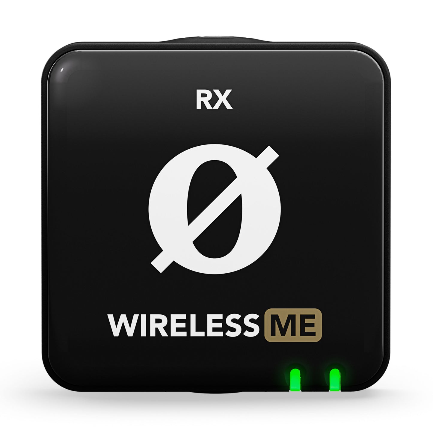 Røde trådløs mikrofon, sort og firkantet, mærket RX og WIRELESS ME, Ø-symbol, til grønne lys nederst til højre.