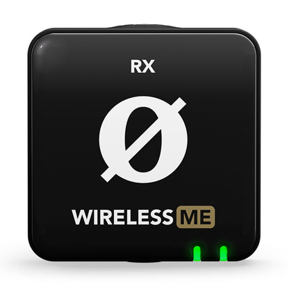 Røde trådløs mikrofon, sort og firkantet, mærket RX og WIRELESS ME, Ø-symbol, til grønne lys nederst til højre.