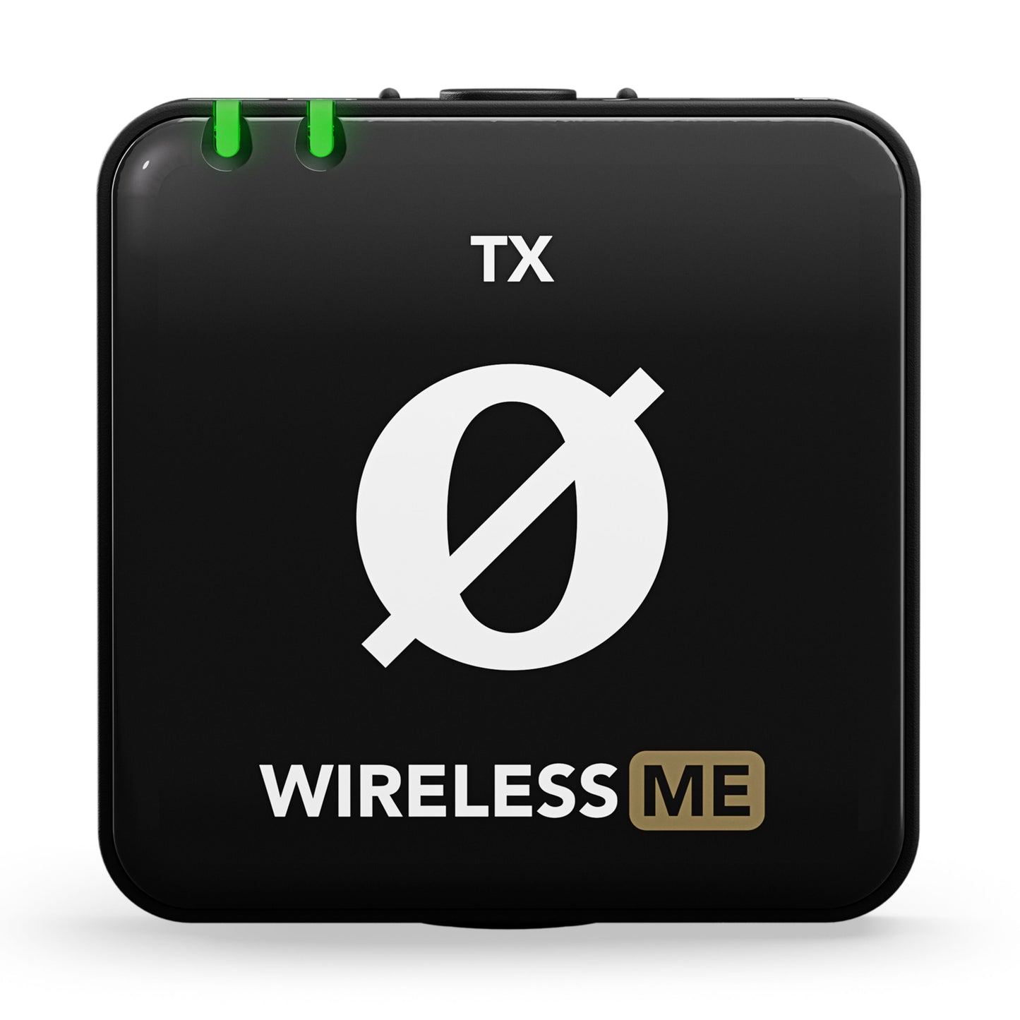 Røde Trådløs ME Dual sort audio transmitter TX med hvidt Ø-symbol, "WIRELESS ME"-tekst og to grønne indikatorlys.