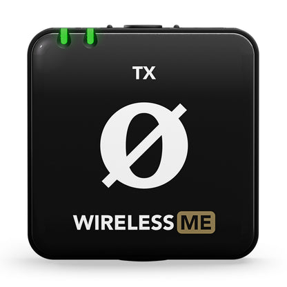 Røde Trådløs ME Dual sort audio transmitter TX med hvidt Ø-symbol, "WIRELESS ME"-tekst og to grønne indikatorlys.