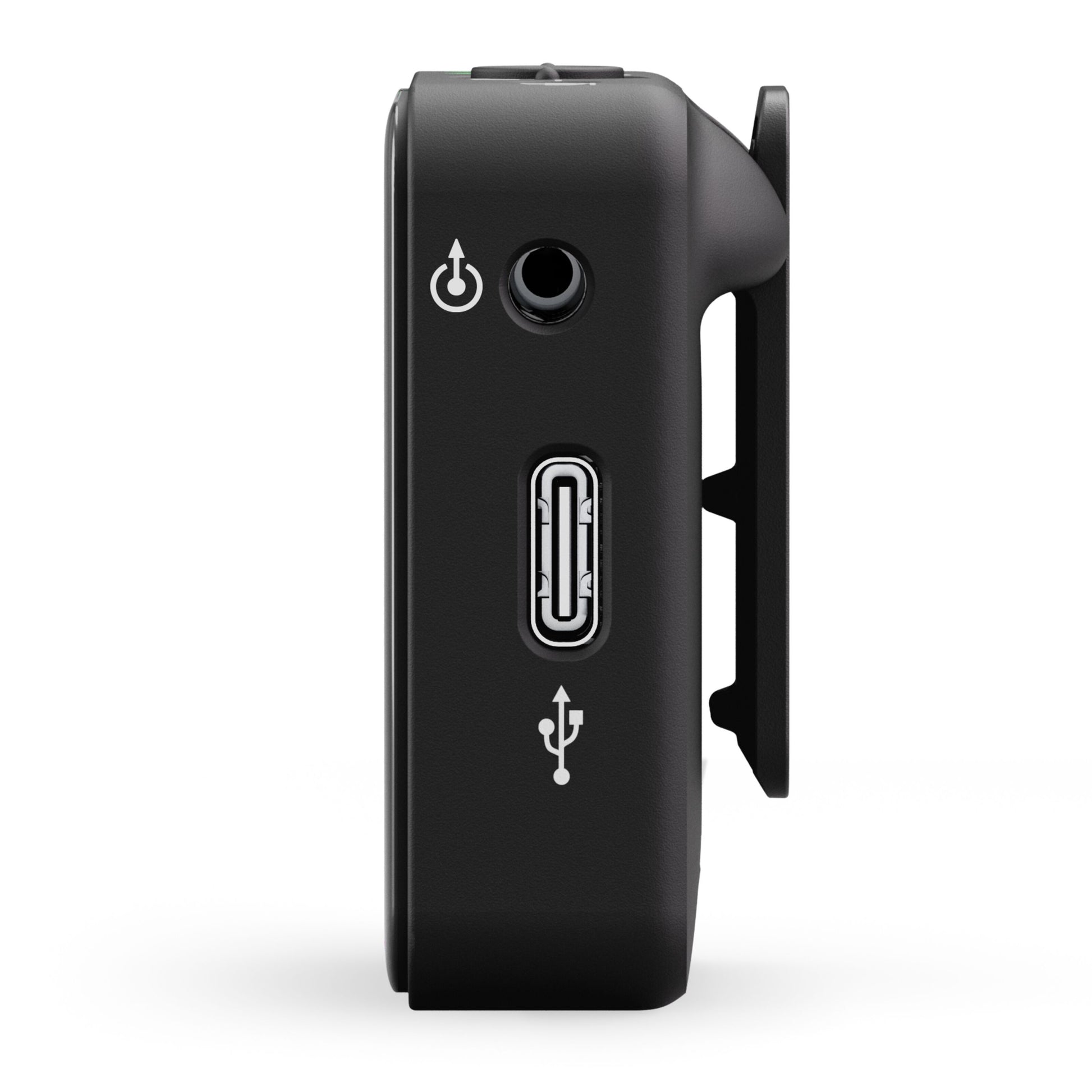 Røde Trådløs ME Dual set fra siden med tænd/sluk-knap, 3,5 mm jack og USB-C port synlige.