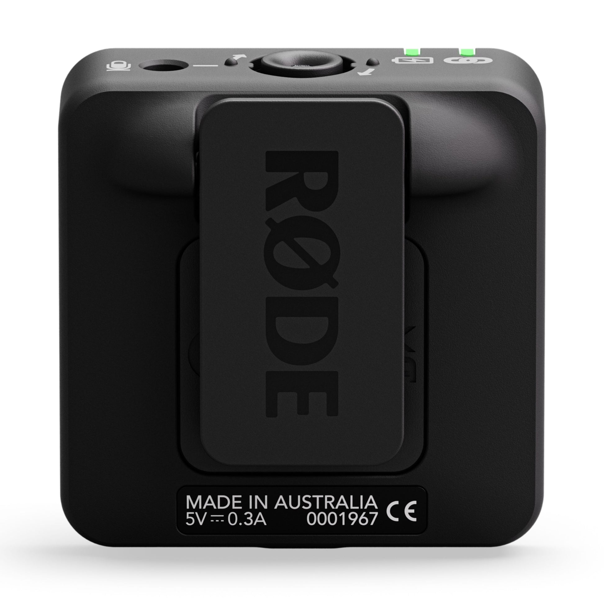Røde Trådløs ME Dual sort trådløs afsender med bælteclip, opladningsport, LED-indikatorer og "Made in Australia"-mærke.