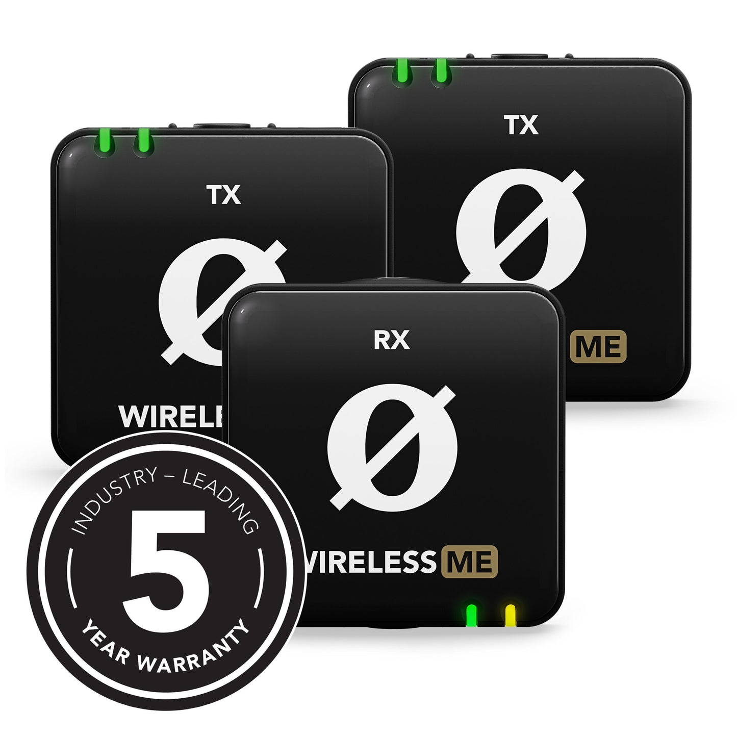Røde Trådløs ME Dual sorte trådløse mikrofoner, TX og RX mærket, Wireless ME tekst og hvide cirkulære logoer, 5 år badge.