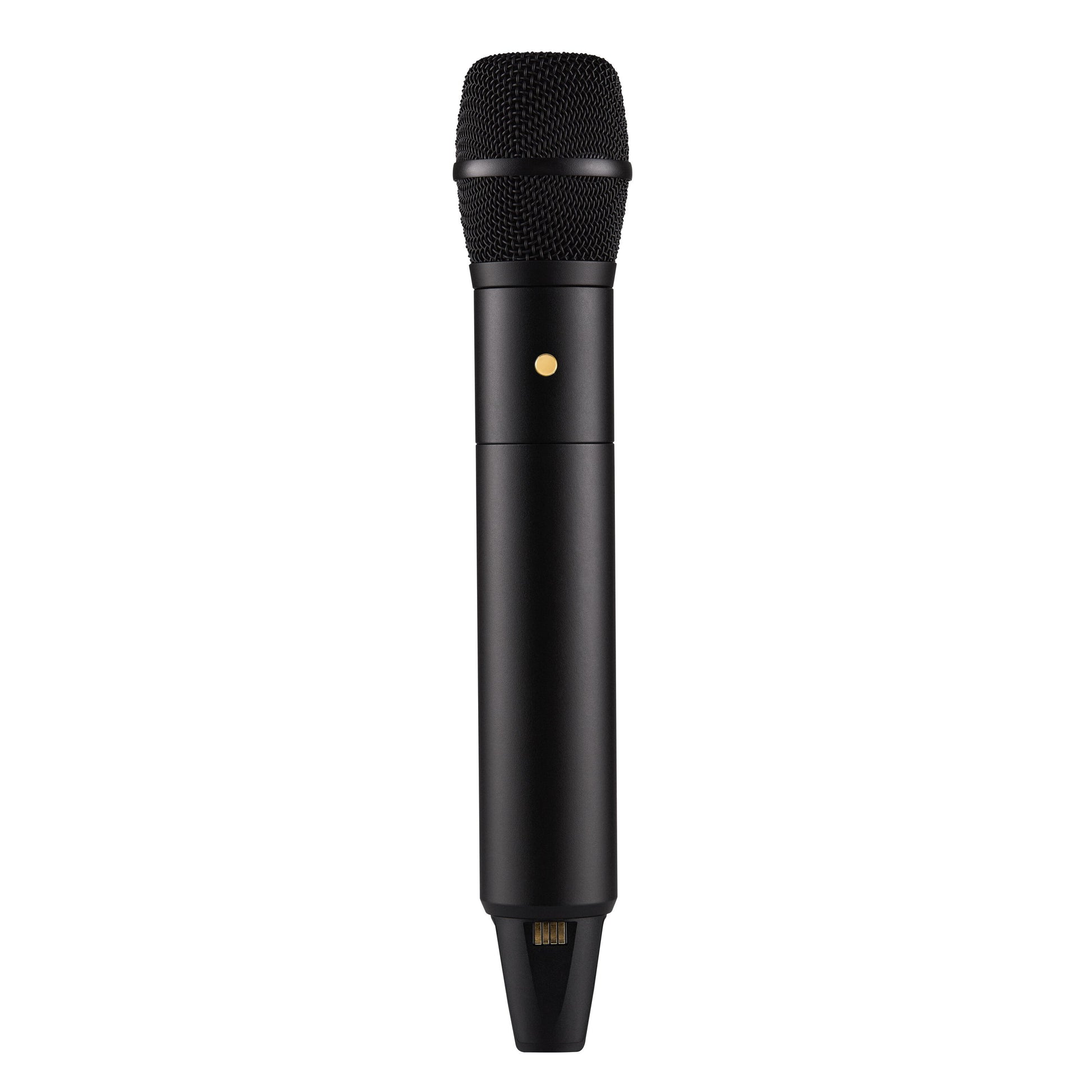 Røde Interview trådløs mikrofon sort, mesh-grill, slank cylinder-krop, guldfarvet knap, bundstik, 32-bit optagelse, GainAssist.