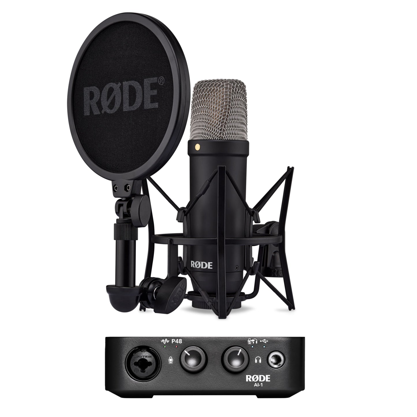 Røde NT1 + AI1 Studio Bundle kondensatormikrofon med tilbehør og audio interface.