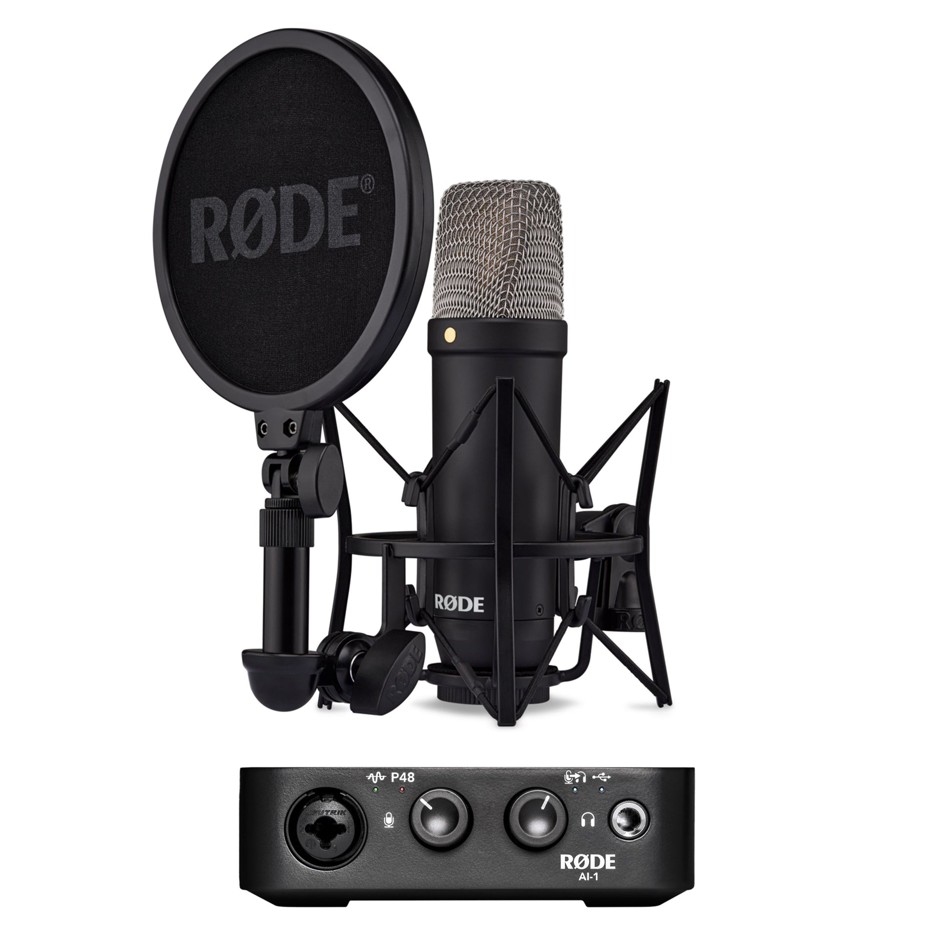 Røde NT1 + AI1 Studio Bundle kondensatormikrofon med tilbehør og audio interface.