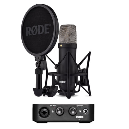 Røde NT1 + AI1 Studio Bundle kondensatormikrofon med tilbehør og audio interface.