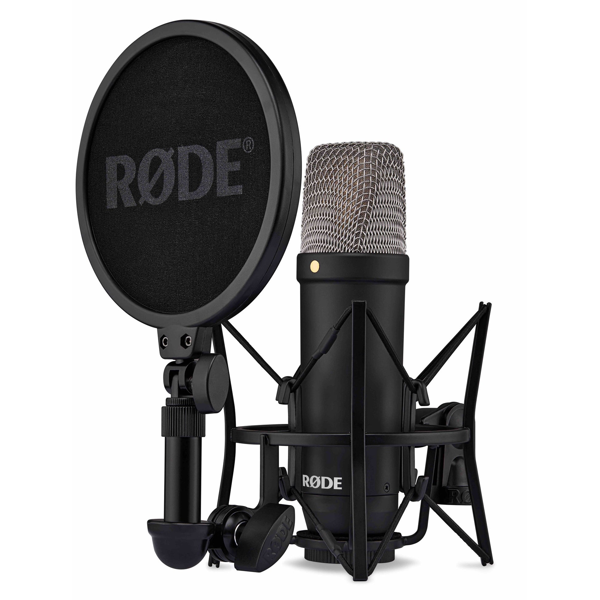 Røde NT1 + AI1 Studio Bundle sort kondensatormikrofon med popfilter, shock mount og stand mount.