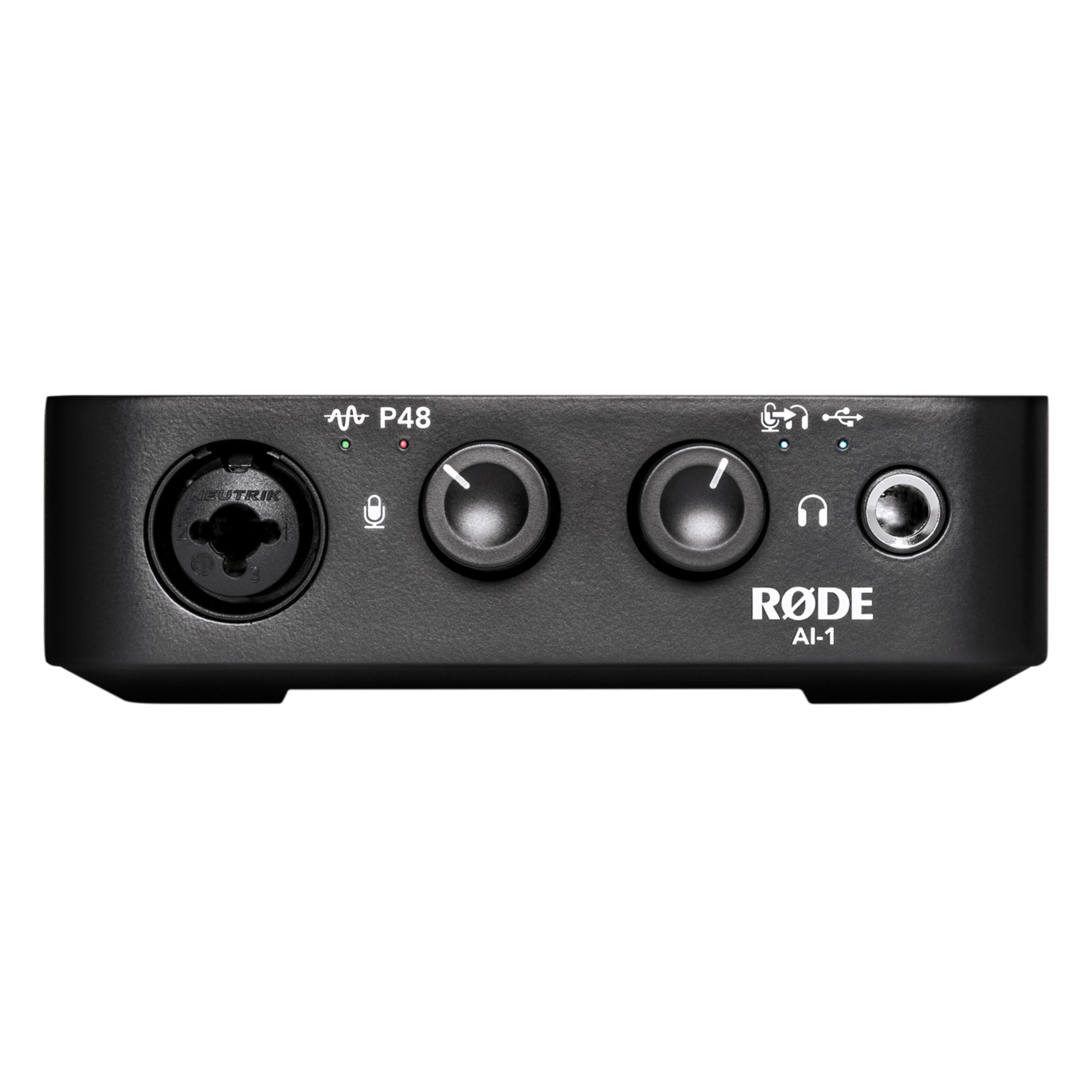 RØDE NT1 + AI1 Studio Bundle sort audio interface, front med XLR-indgang, 2 drejeknapper, hovedtelefonstik og symboler.