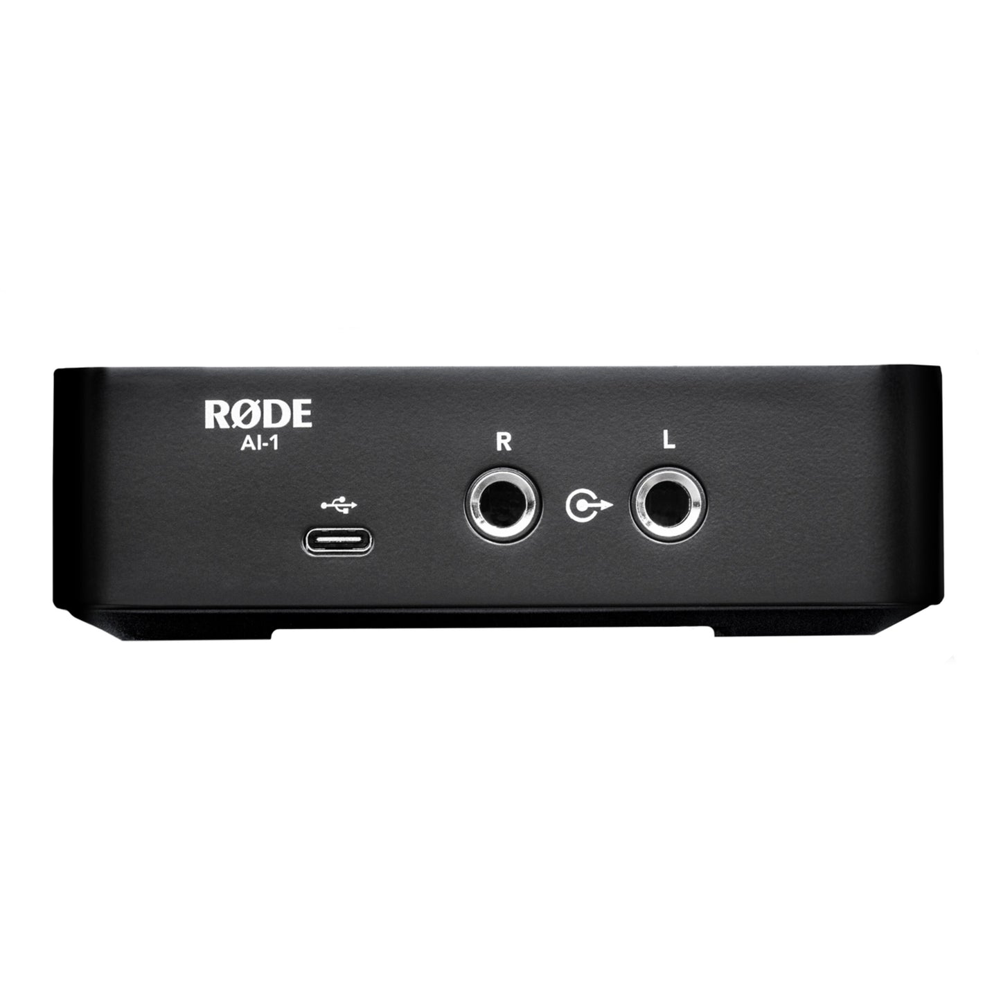 Røde NT1 + AI1 Studio Bundle, sort, front, USB-C port og to 1/4" indgange mærket R og L.