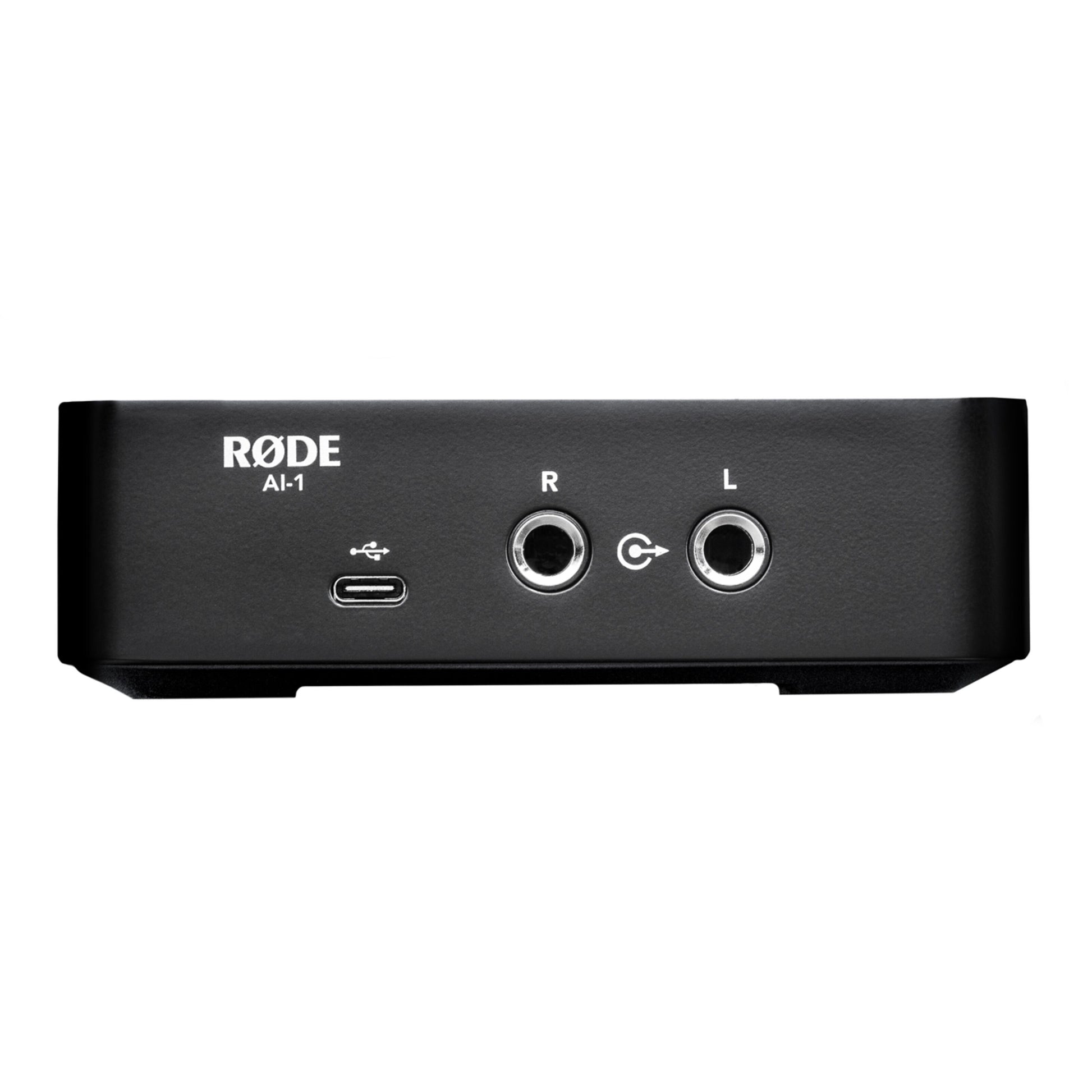 Røde NT1 + AI1 Studio Bundle, sort, front, USB-C port og to 1/4" indgange mærket R og L.