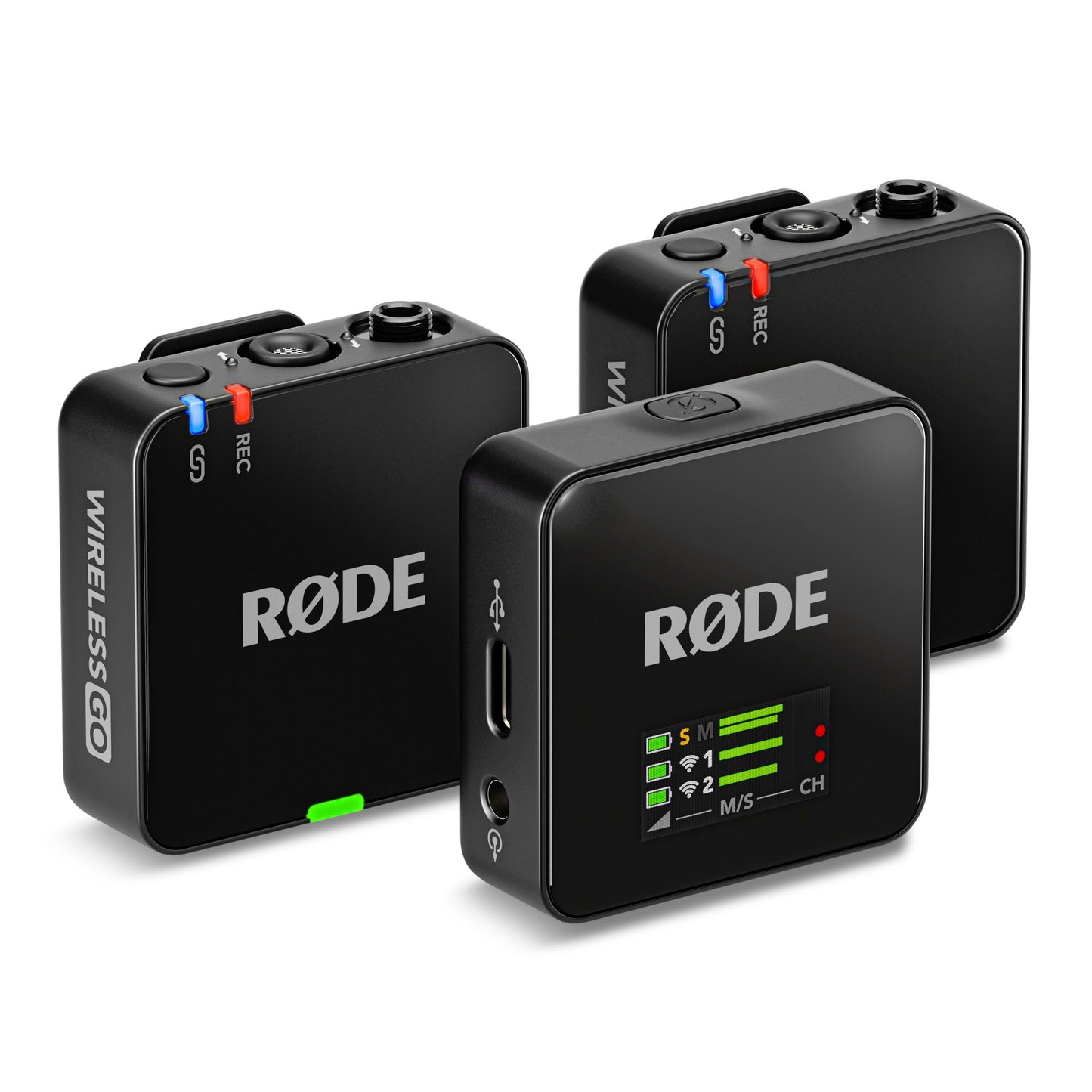 Røde Trådløst GO Gen 3 sort mikrofonsystem, tre enheder med knapper, port og display med signal- og batteriindikator.