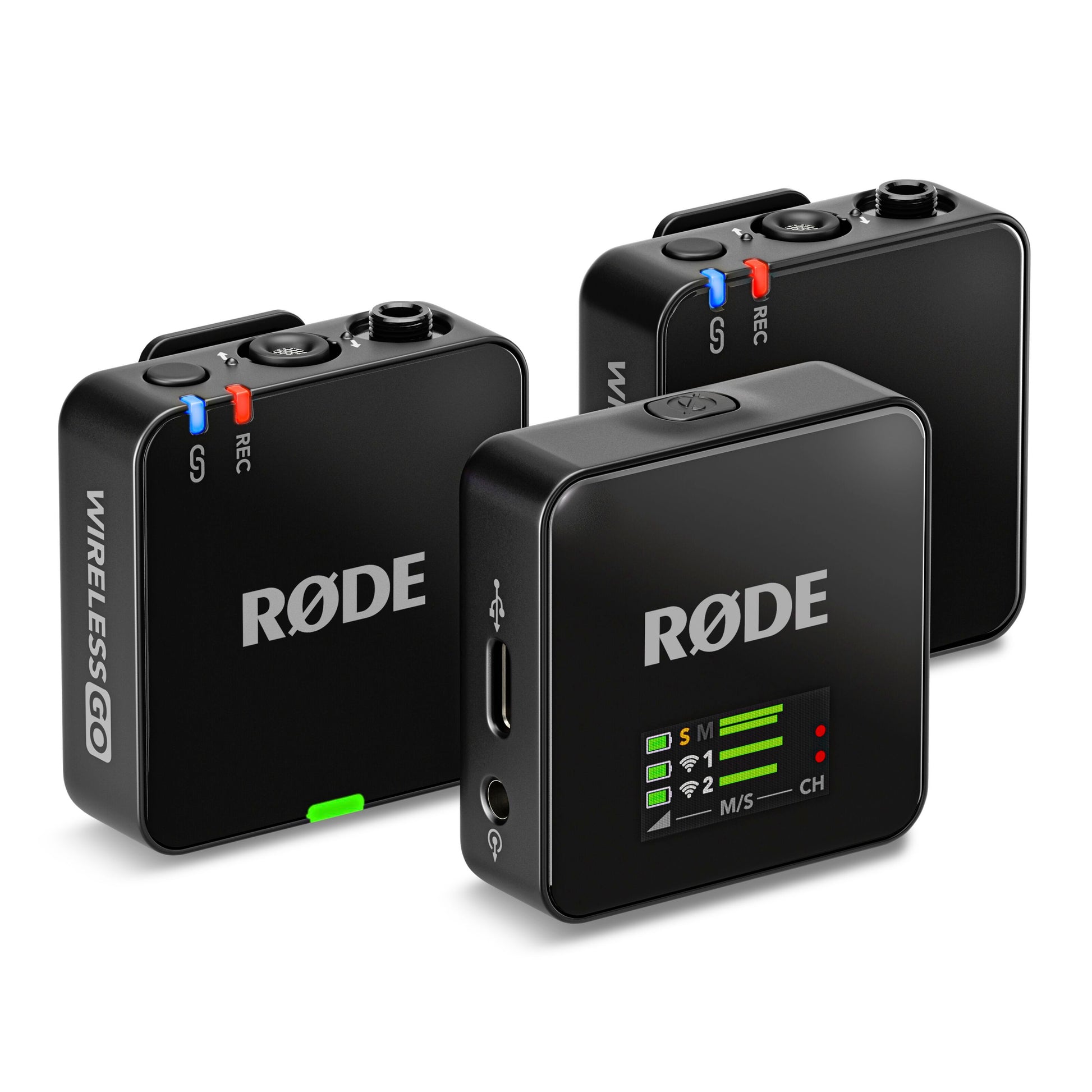 Røde Trådløst GO Gen 3 sort mikrofonsystem, tre enheder med knapper, port og display med signal- og batteriindikator.