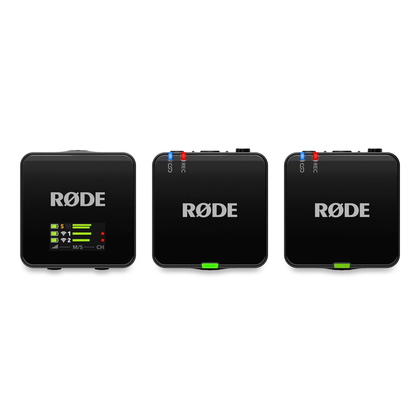 Røde Trådløst GO Gen 3 sort mikrofonsystem, modtager med LED-display, to sendere m. blå/rød indikator, grønne klips.