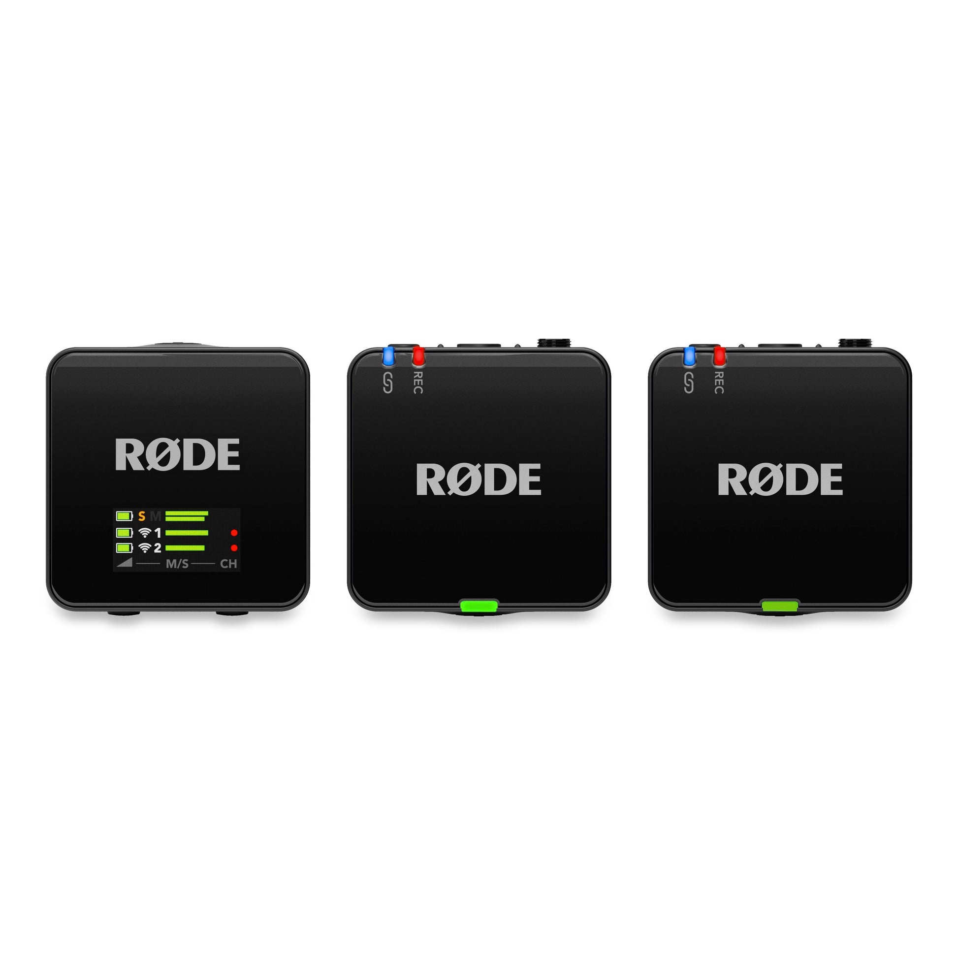 Røde Trådløst GO Gen 3 sort mikrofonsystem, modtager med LED-display, to sendere m. blå/rød indikator, grønne klips.