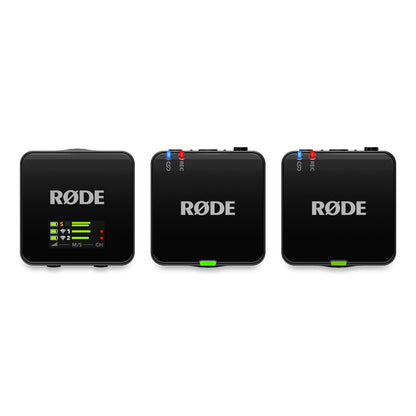 Røde Trådløst GO Gen 3 sort mikrofonsystem, modtager med LED-display, to sendere m. blå/rød indikator, grønne klips.
