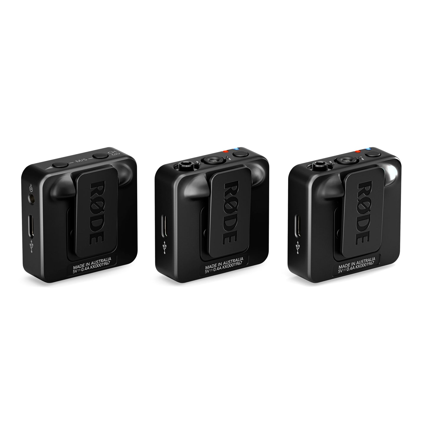 Røde Trådløst GO Gen 3, sort, tre sendere med clips, sideporte og LED-indikatorer på toppen.
