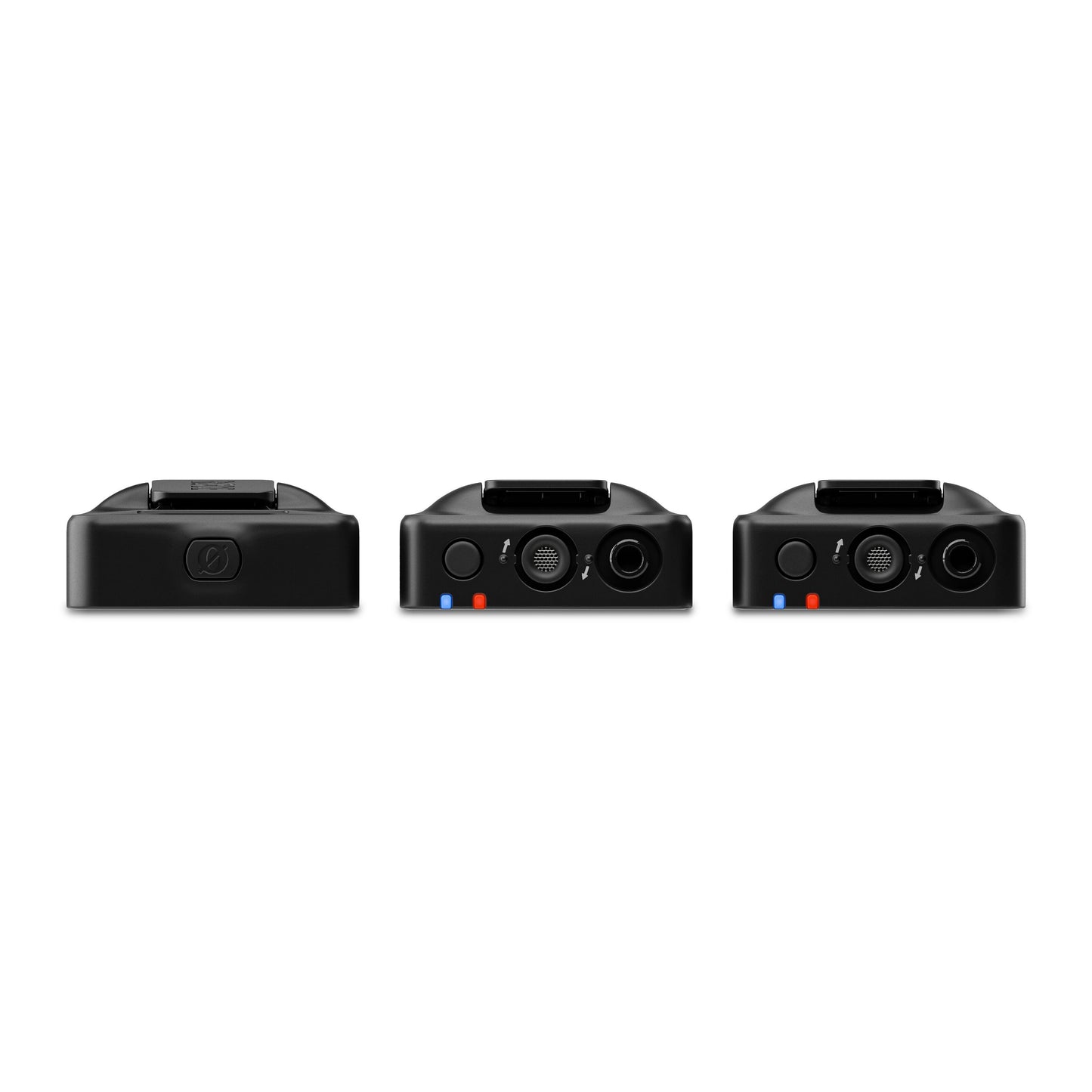 Røde Trådløst GO Gen 3 mikrofonsystem sorte enheder med knapper, lys og porte frontpanel vises side om side.
