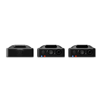 Røde Trådløst GO Gen 3 mikrofonsystem sorte enheder med knapper, lys og porte frontpanel vises side om side.