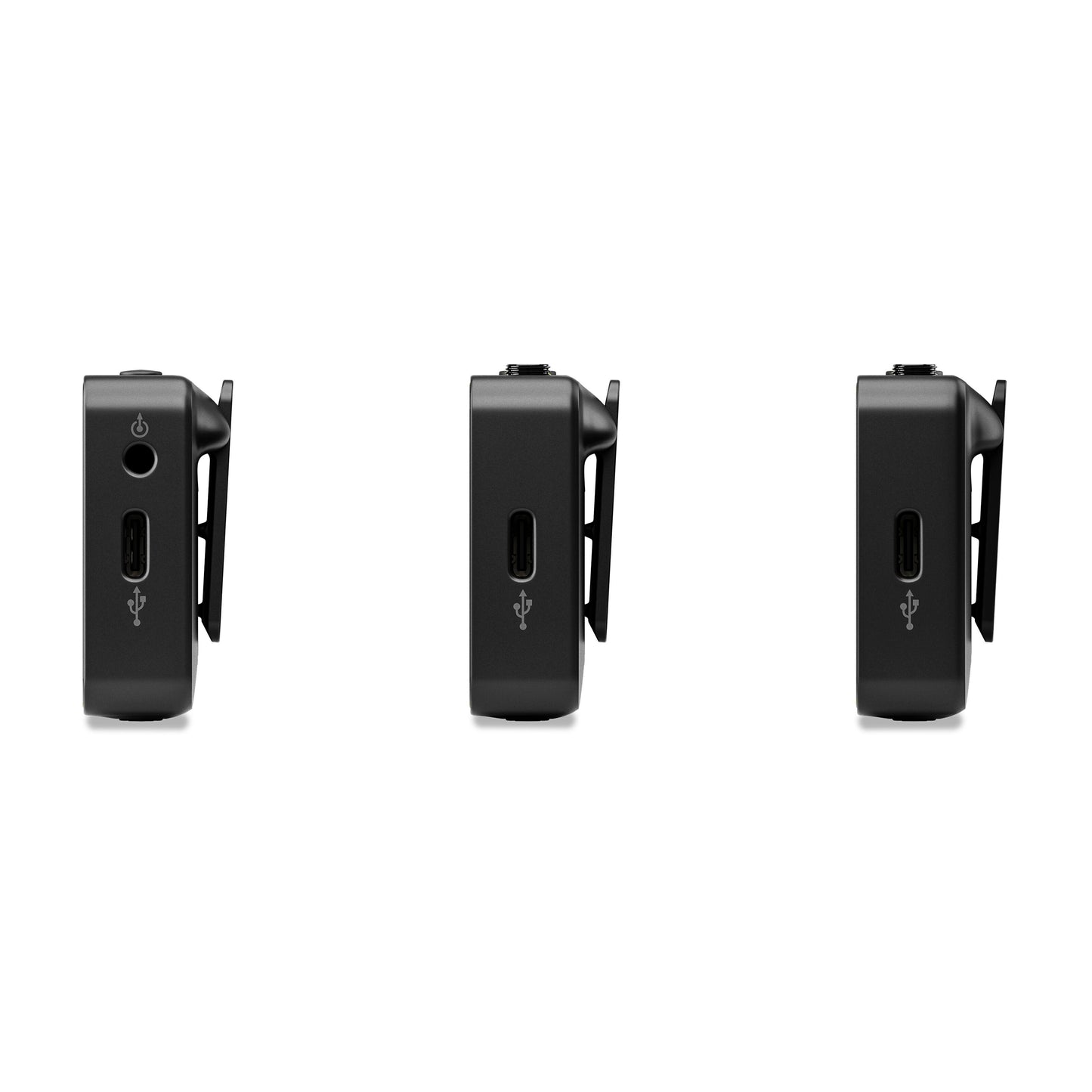 Røde Trådløst GO Gen 3 mikrofonsystem, tre enheder i række, sidevisning med USB-C port og tænd/sluk-knap.