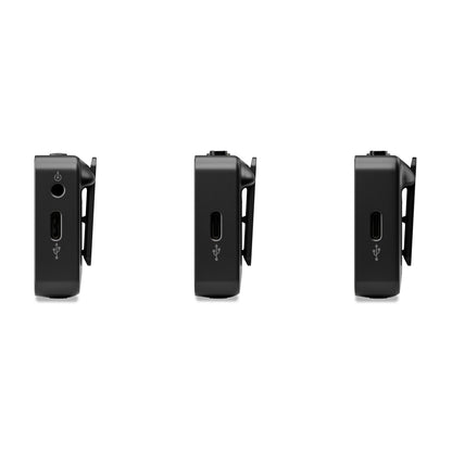 Røde Trådløst GO Gen 3 mikrofonsystem, tre enheder i række, sidevisning med USB-C port og tænd/sluk-knap.