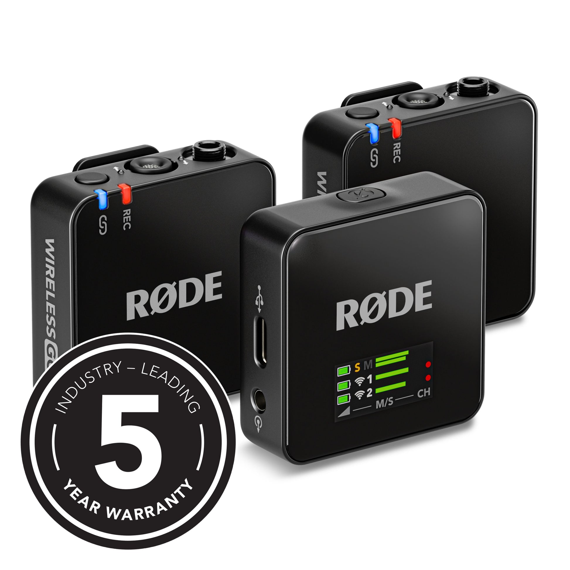Røde Wireless GO Gen 3 sort mikrofonsystem med tre sendere, modtager, kontrolknapper, LED-display og 5 års garanti-badge.