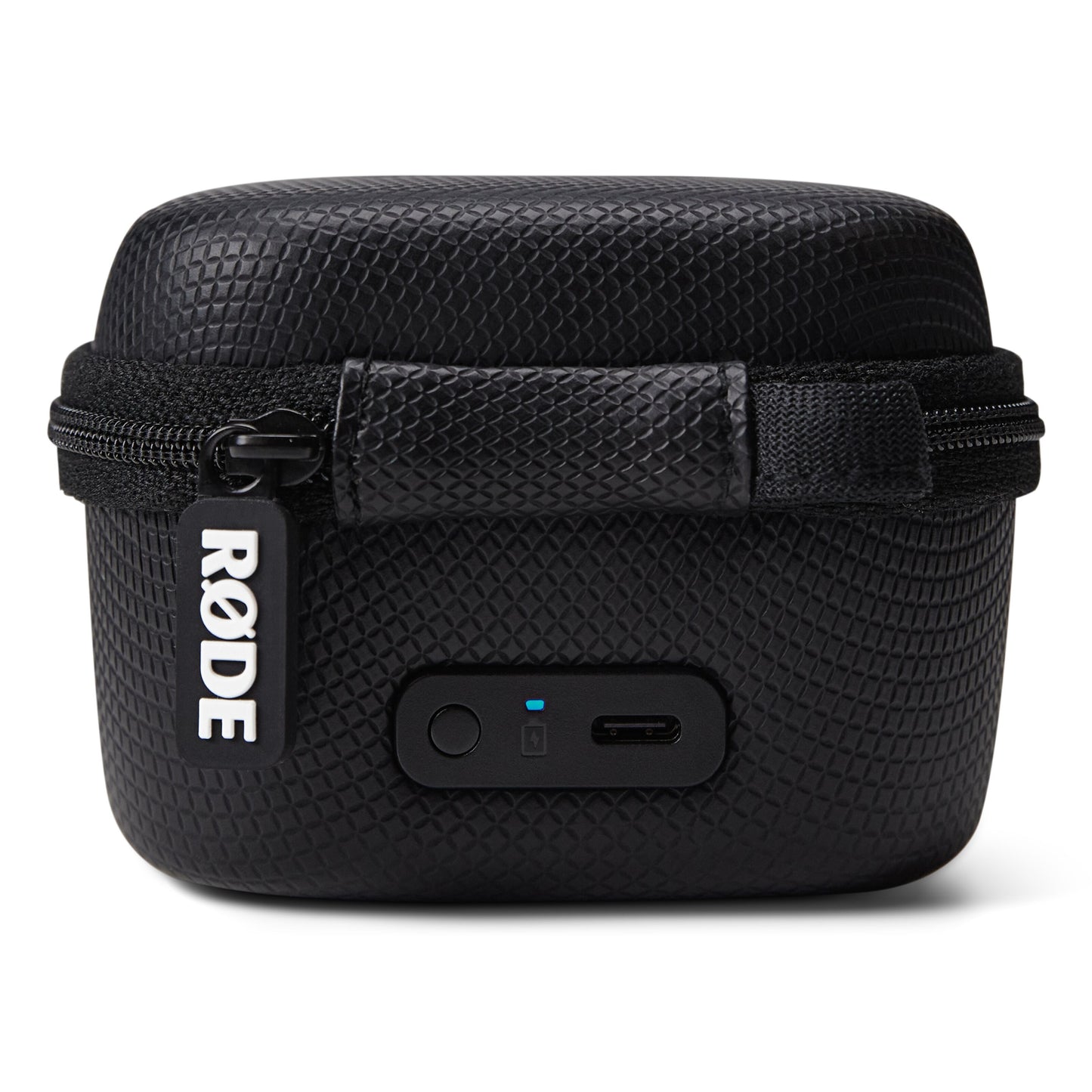 Røde OPLADNINGSÆTUI og Trådløs GO Gen3 opladningsetui i sort med lynlåstaske, USB-C port og frontindikatorlys.